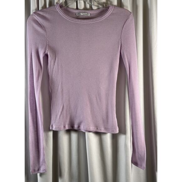 Zara Ribbed Cropped Lightweight Long Sleeves T-Shirt Lavender S Casual 73-39 - Picture 1 of 9